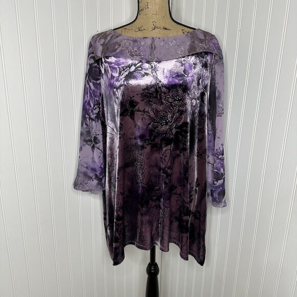 Level Eight Plus Purple Floral Velvet Top Sz 2X? Embellished Witchy Fairy Grunge - Picture 15 of 16